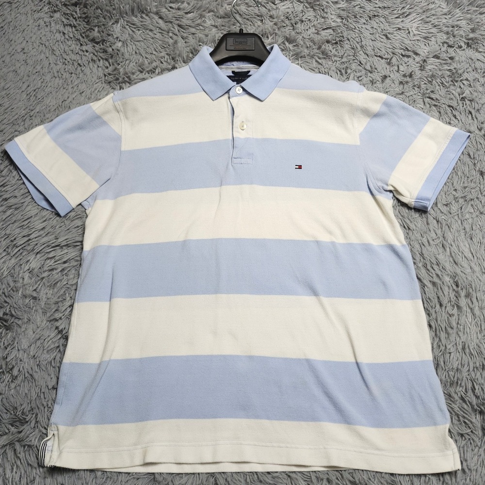 Tommy Hilfiger Polo Mens Size Large Blue White Striped Cotton Short Sleeve Pique